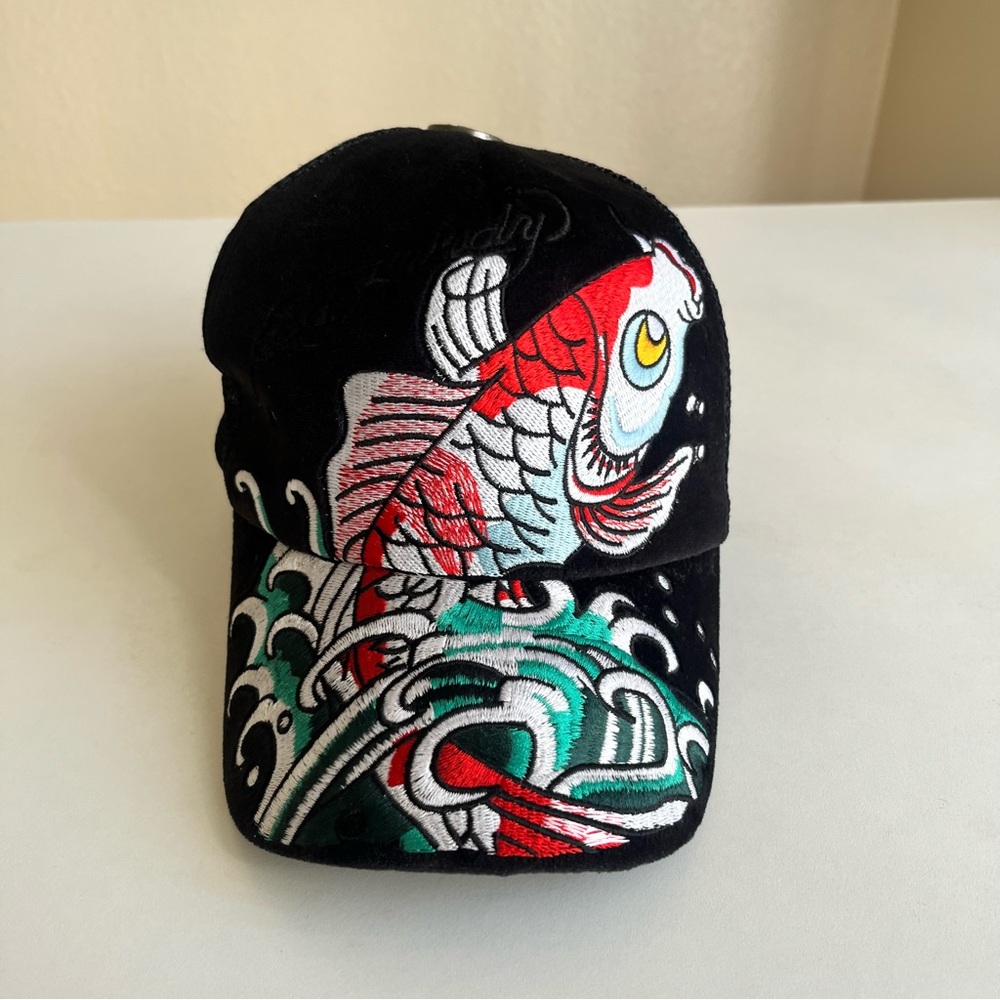 Vintage Ed Hardy Tattoo Work Koi Fish Embroidered Velvet Trucker Hat - Picture 2 of 6